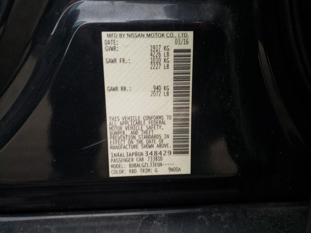 Photo 10 from auction – 2016 NISSAN ALTIMA 2.5 with VIN 1N4AL3AP8GN348429
