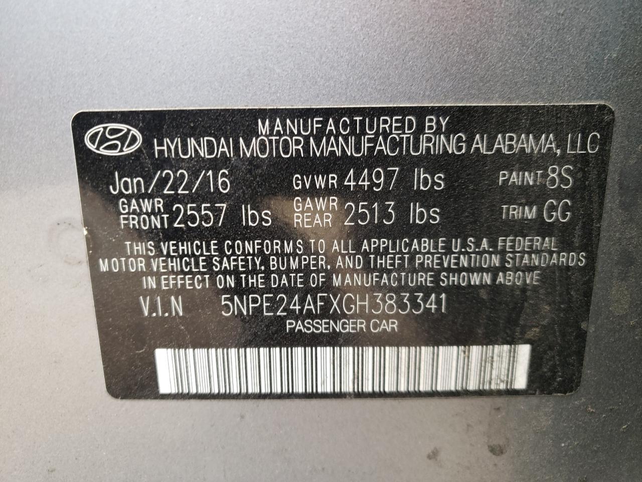Photo 10 from auction – 2016 HYUNDAI SONATA SE with VIN 5NPE24AFXGH383341