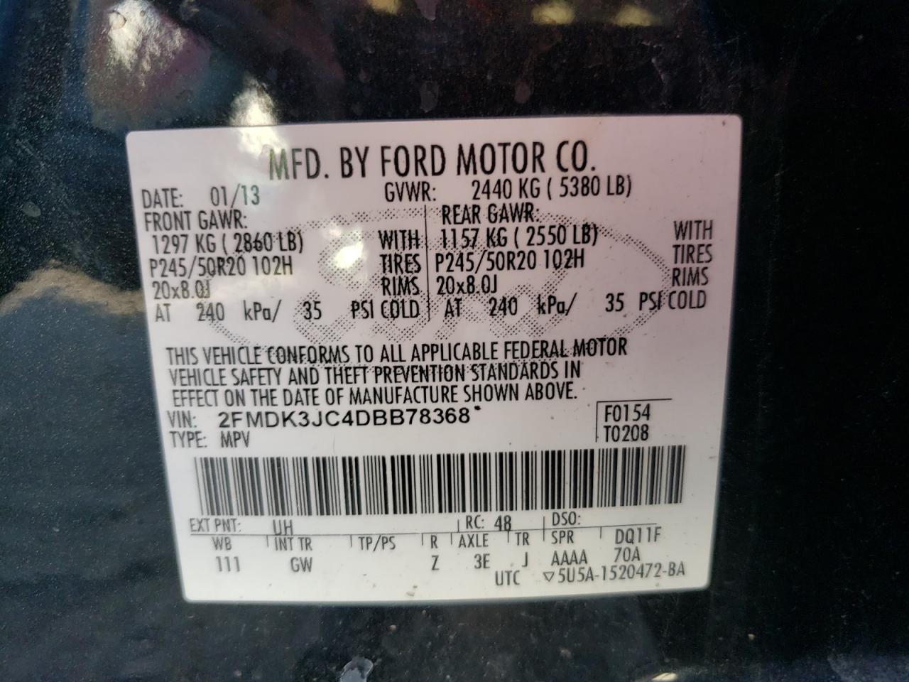 Photo 10 from auction – 2013 FORD EDGE SEL with VIN 2FMDK3JC4DBB78368