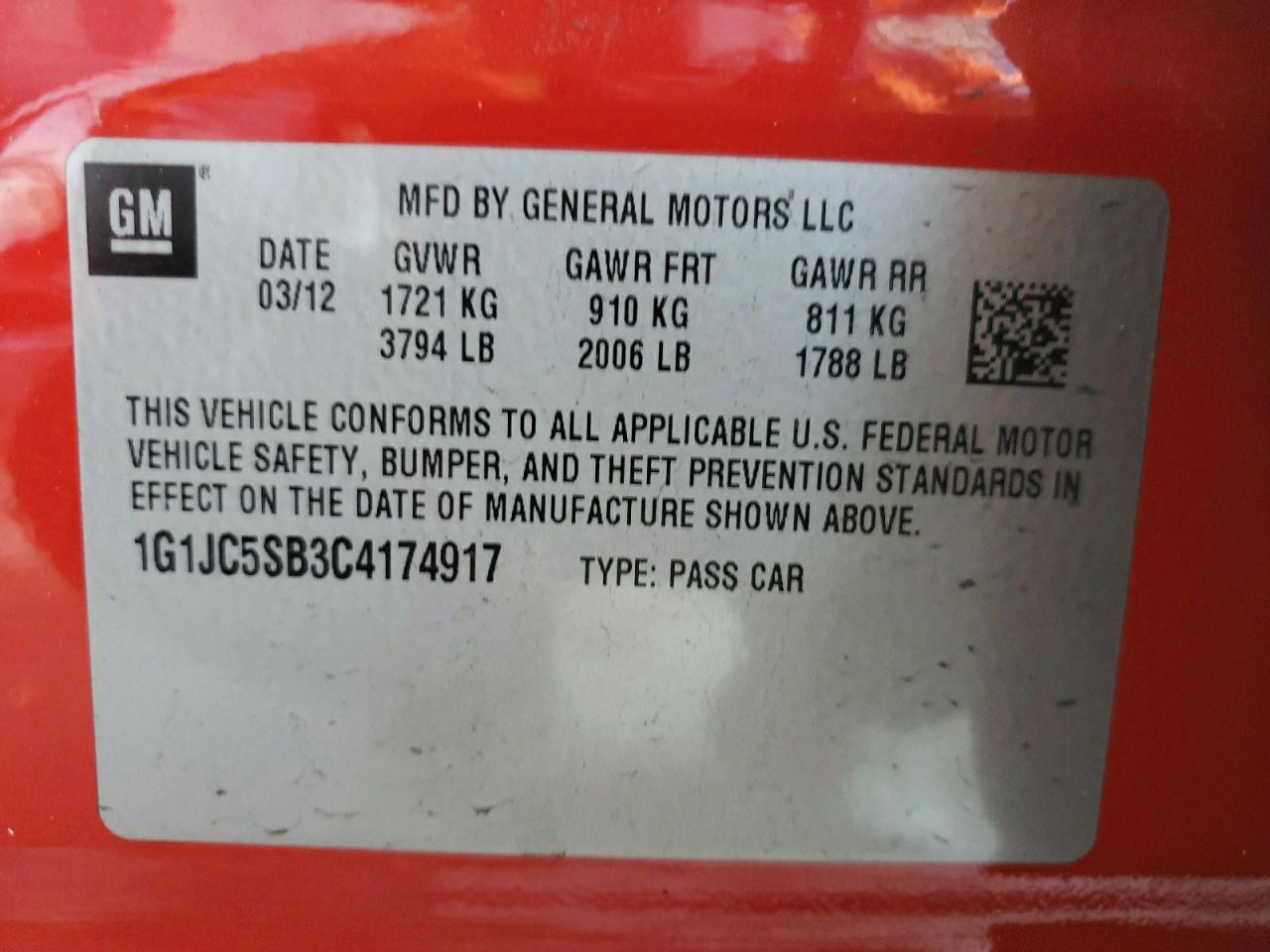 Photo 10 from auction – 2012 CHEVROLET SONIC LT with VIN 1G1JC5SB3C4174917