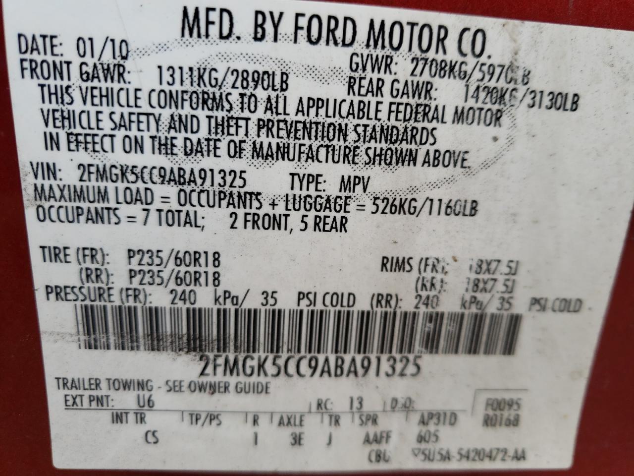 Photo 10 from auction – 2010 FORD FLEX SEL with VIN 2FMGK5CC9ABA91325