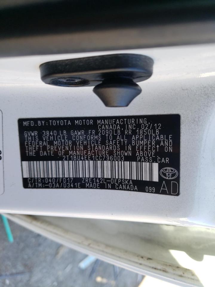 Photo 10 from auction – 2012 TOYOTA COROLLA BA with VIN 2T1BU4EE1CC796003