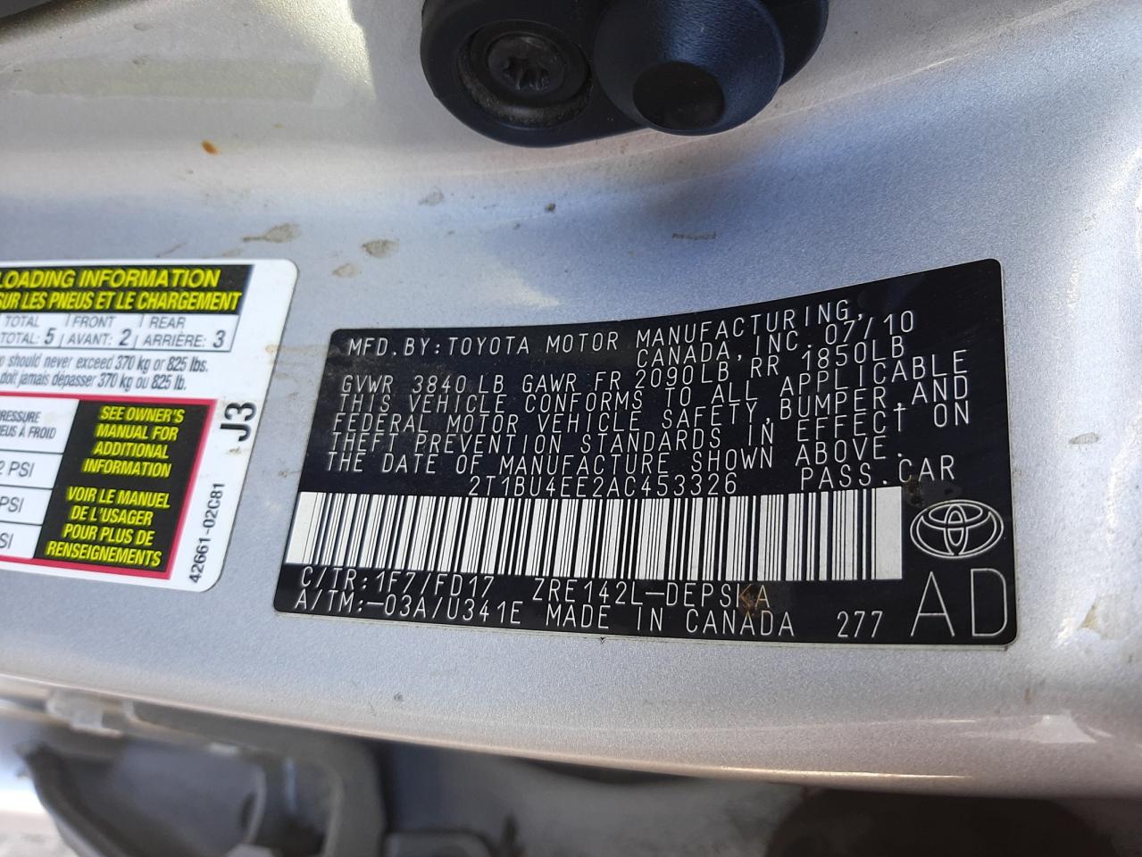 Photo 10 from auction – 2010 TOYOTA COROLLA BA with VIN 2T1BU4EE2AC453326