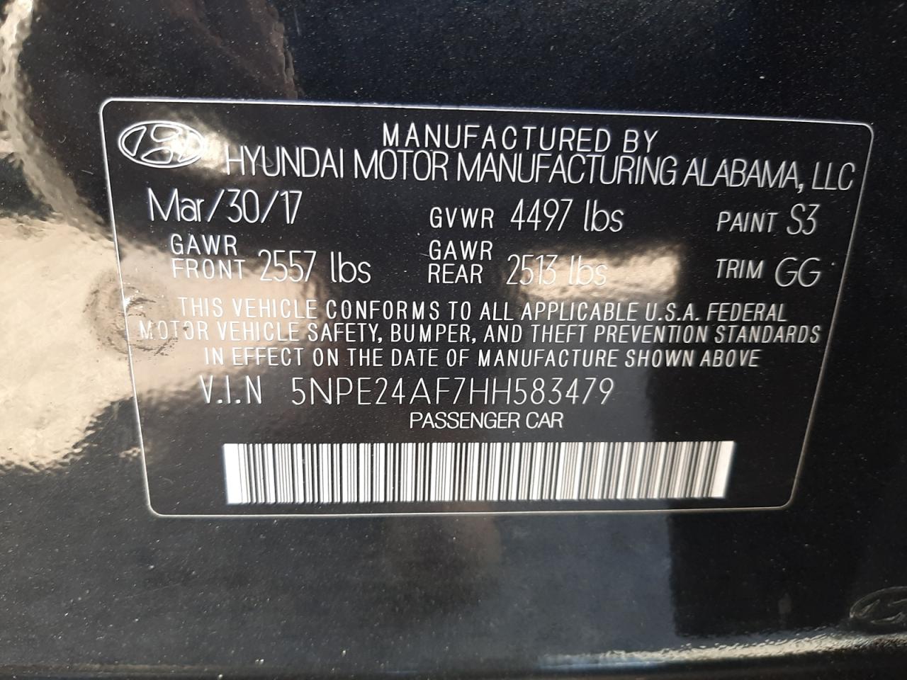 Photo 10 from auction – 2017 HYUNDAI SONATA SE with VIN 5NPE24AF7HH583479