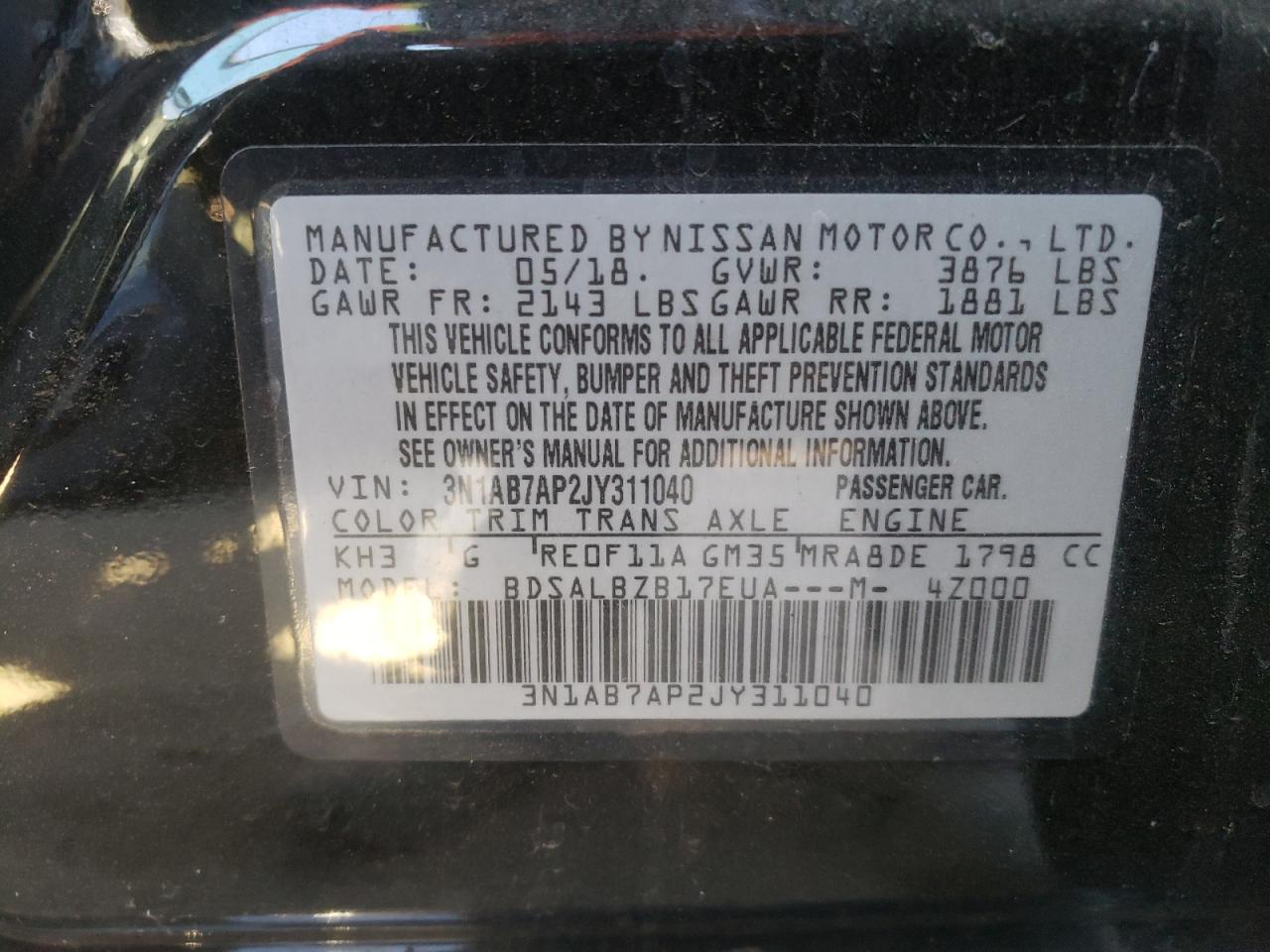 Photo 10 from auction – 2018 NISSAN SENTRA S with VIN 3N1AB7AP2JY311040