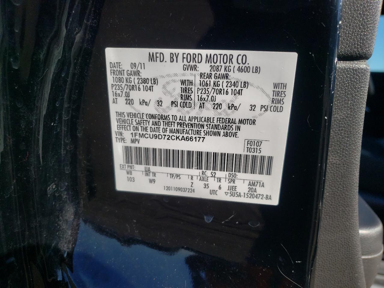 Photo 10 from auction – 2012 FORD ESCAPE XLT with VIN 1FMCU9D72CKA66177