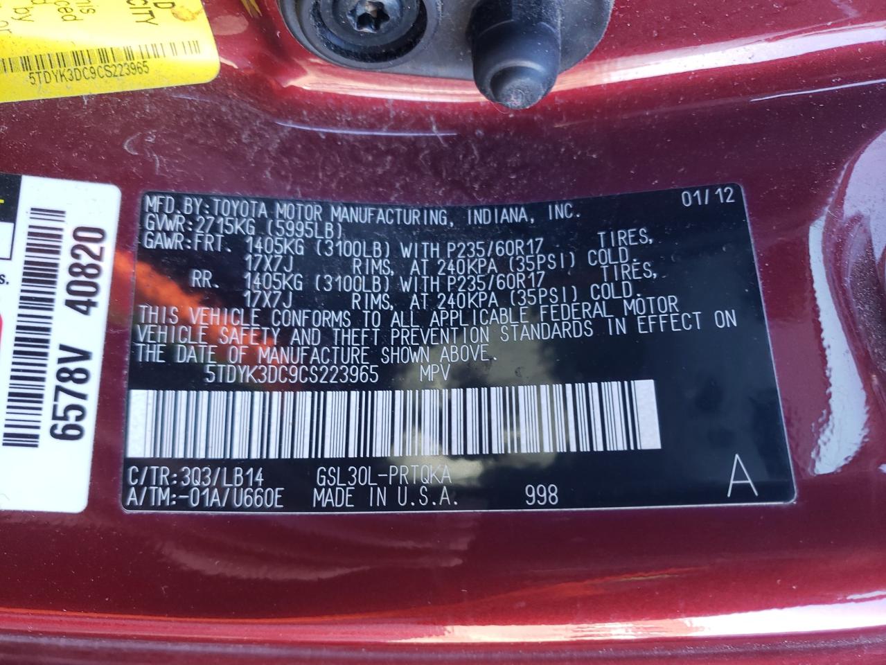 Photo 10 from auction – 2012 TOYOTA SIENNA XLE with VIN 5TDYK3DC9CS223965