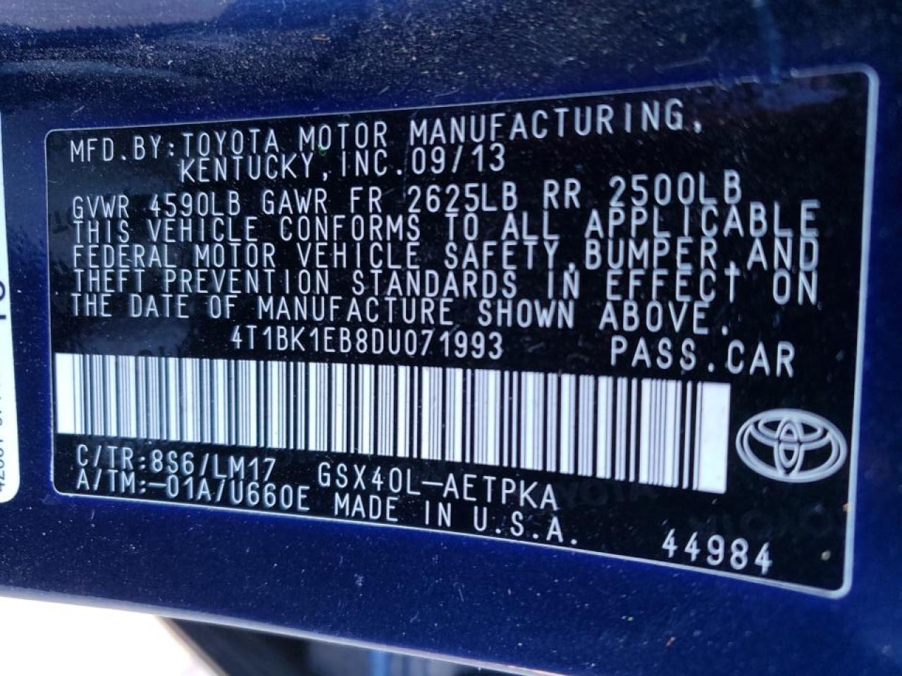Photo 10 from auction – 2013 TOYOTA AVALON BAS with VIN 4T1BK1EB8DU071993