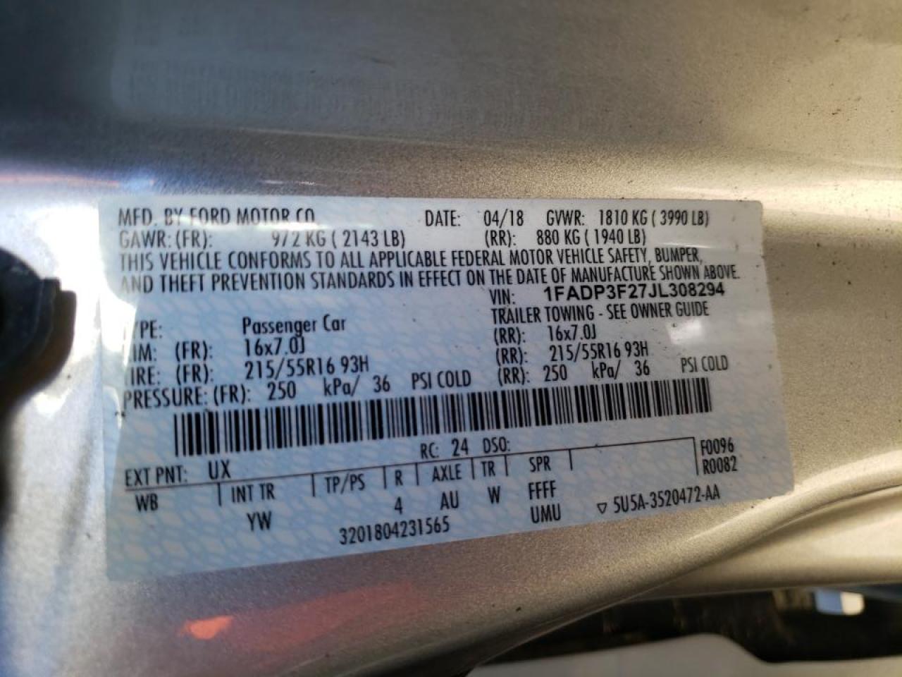 Foto 10 de la subasta – 2018 FORD FOCUS SE con VIN 1FADP3F27JL308294