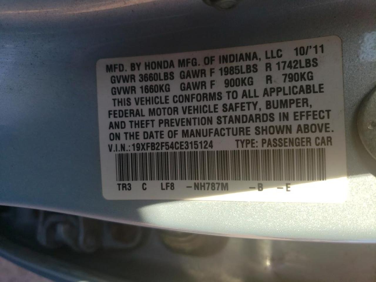 Photo 10 from auction – 2012 HONDA CIVIC LX with VIN 19XFB2F54CE315124