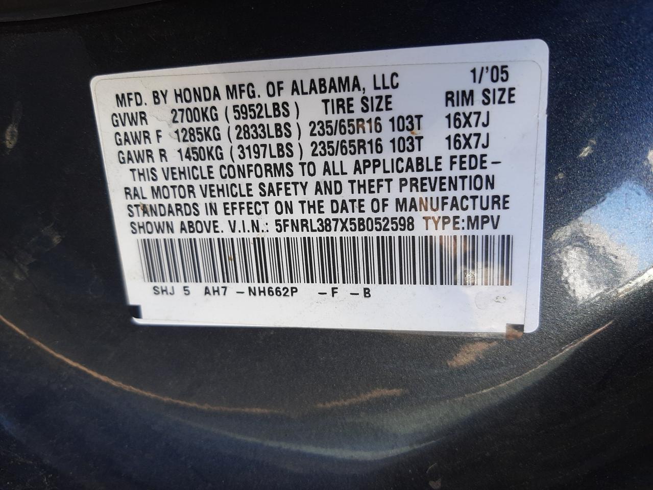 Photo 10 from auction – 2005 HONDA ODYSSEY EX with VIN 5FNRL387X5B052598