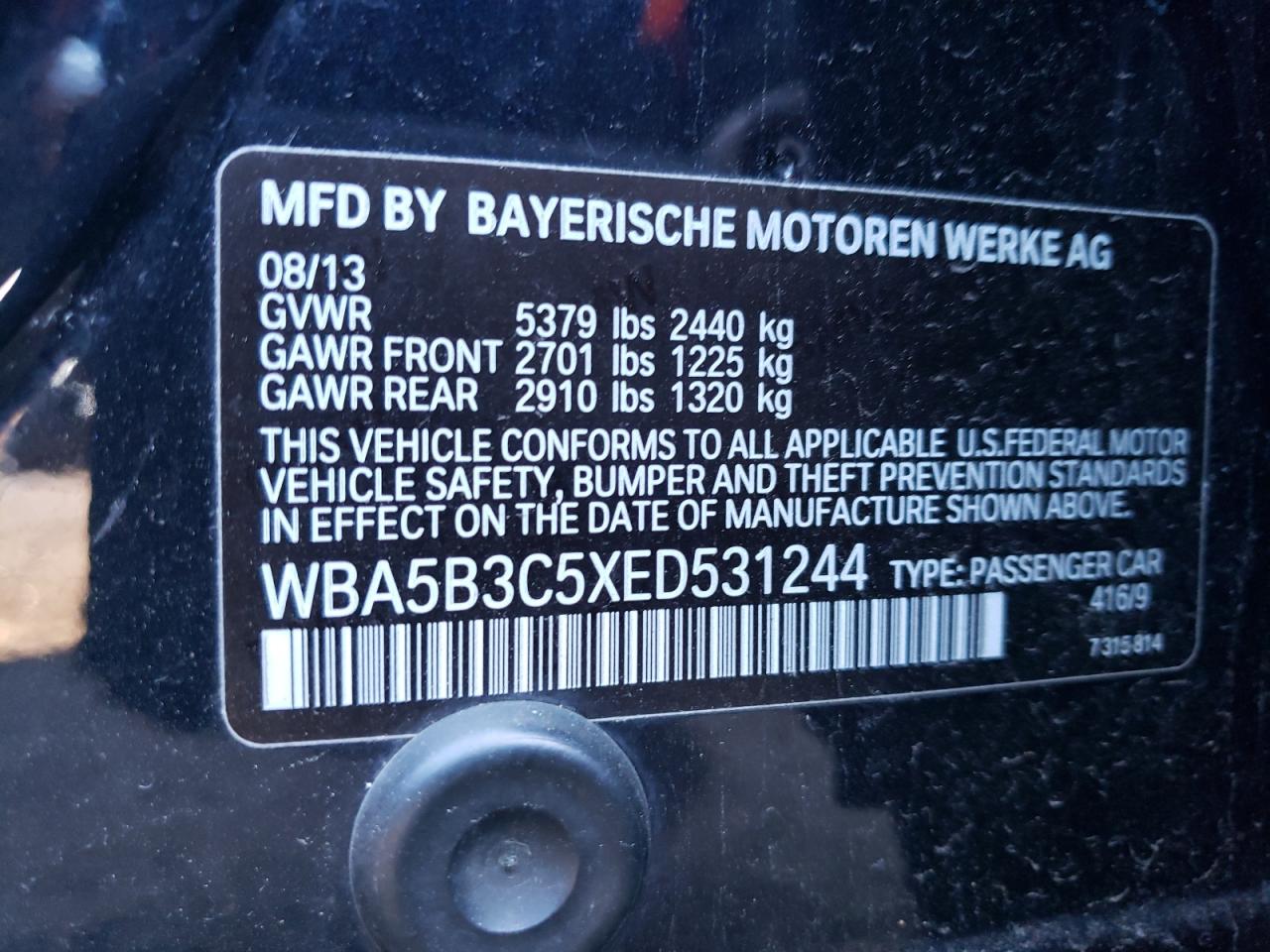 Photo 10 from auction – 2014 BMW 535 XI with VIN WBA5B3C5XED531244