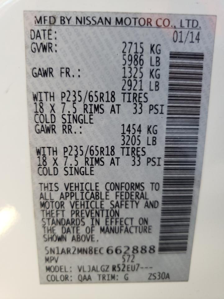 Photo 10 from auction – 2014 NISSAN PATHFINDER with VIN 5N1AR2MN8EC662888