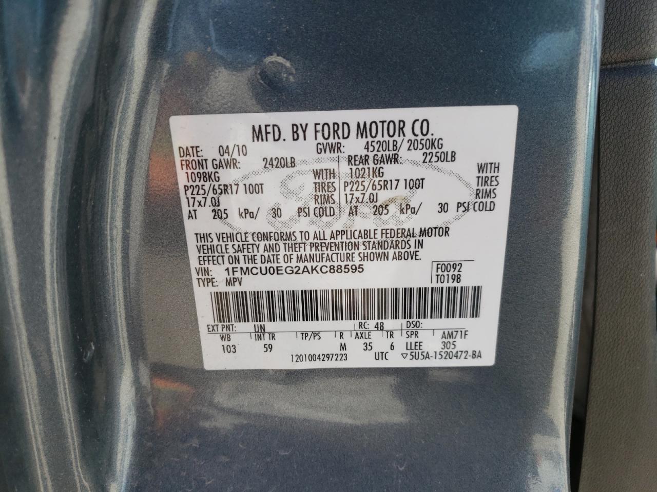 Photo 10 from auction – 2010 FORD ESCAPE LIM with VIN 1FMCU0EG2AKC88595