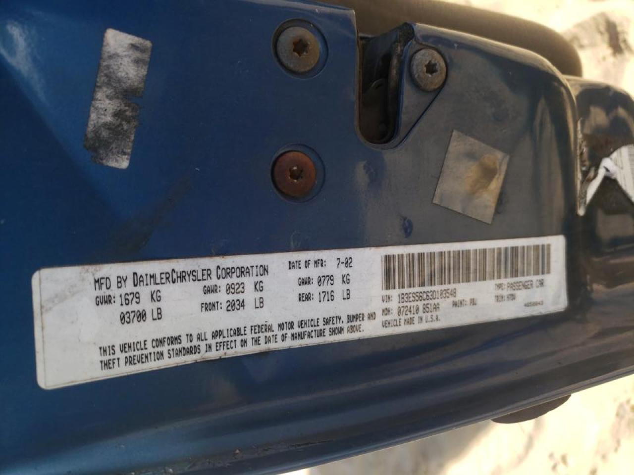 Photo 10 from auction – 2003 DODGE NEON with VIN 1B3ES56C63D103548