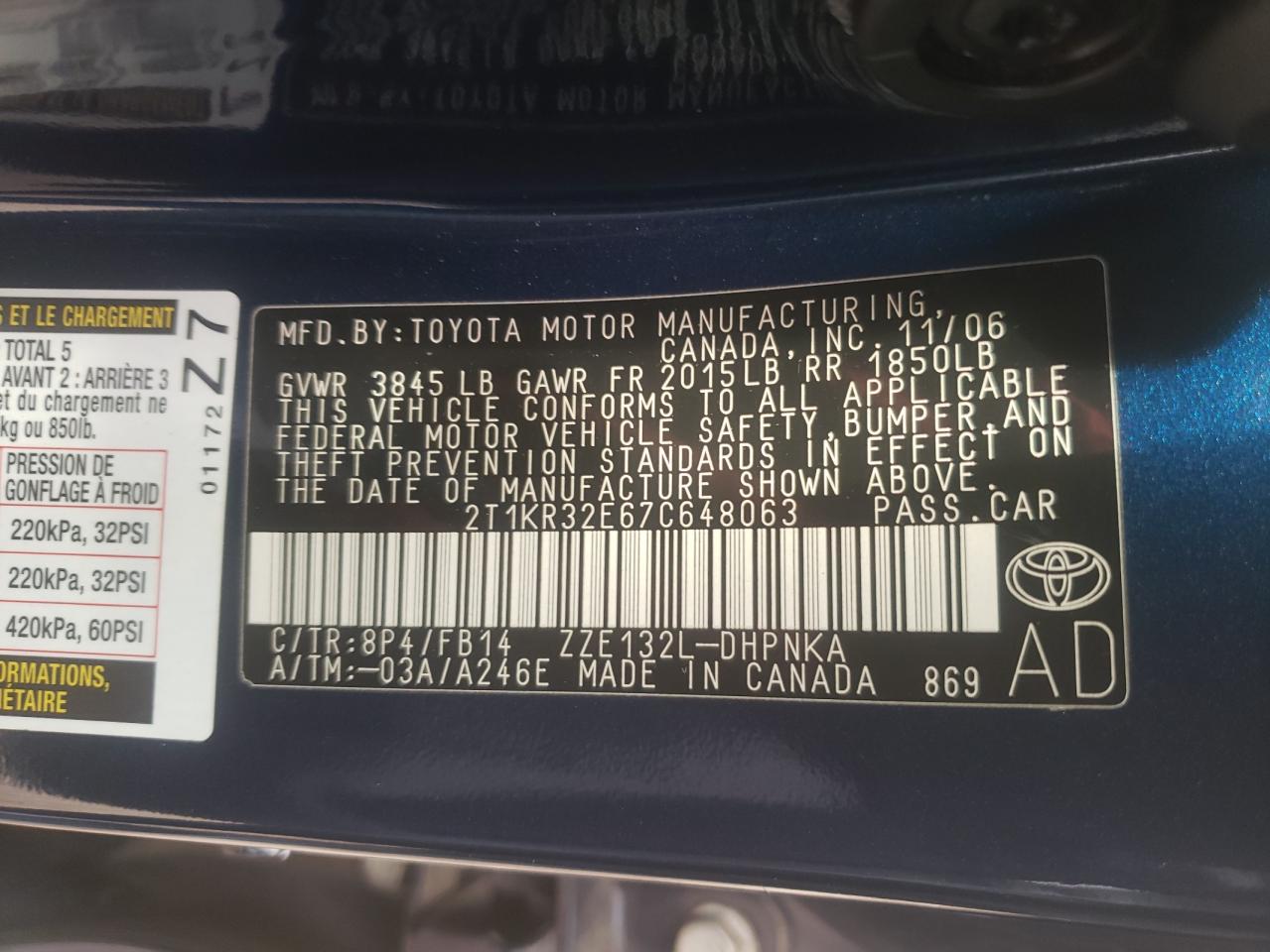 Photo 10 from auction – 2007 TOYOTA COROLLA MA with VIN 2T1KR32E67C648063