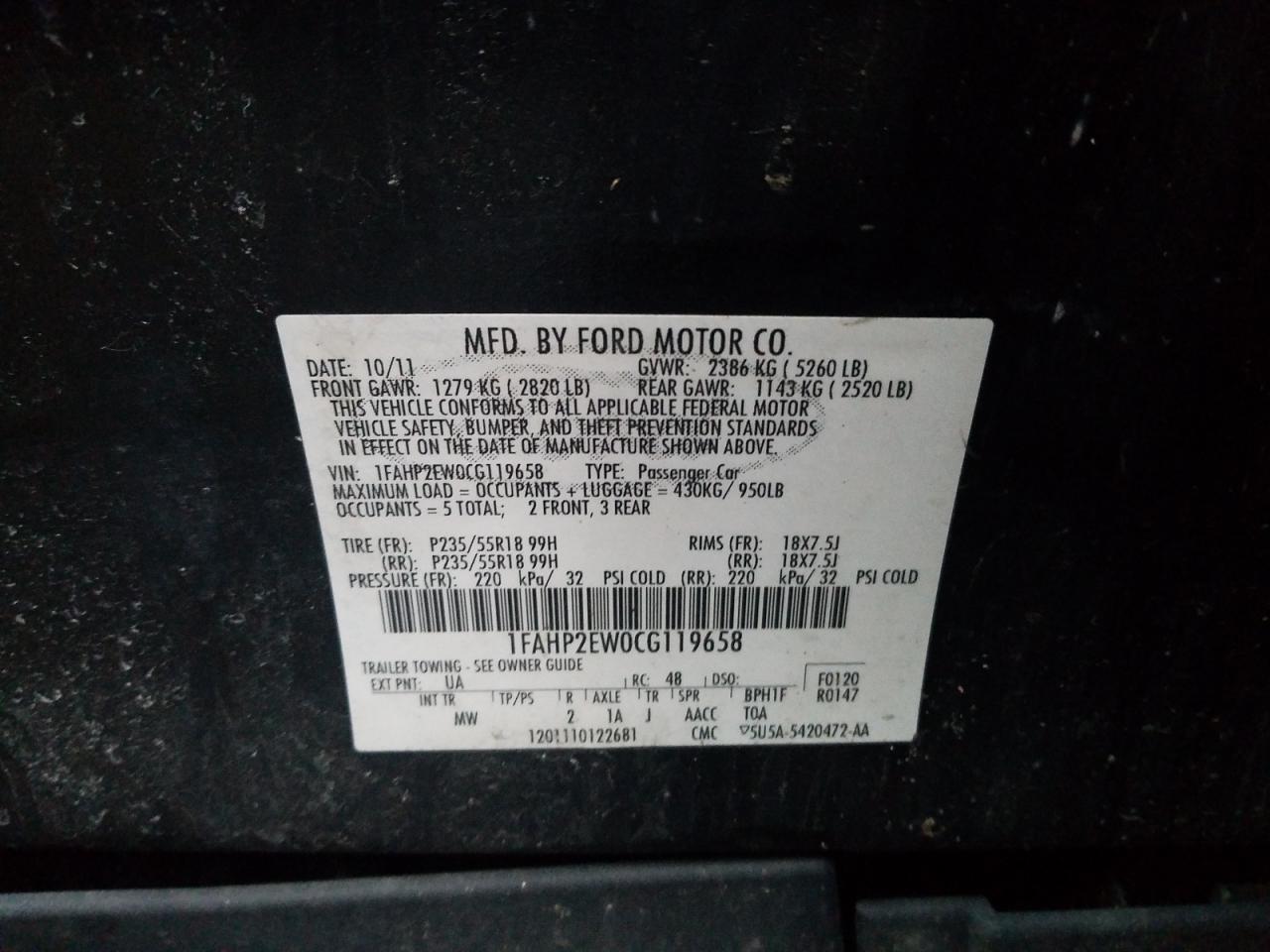 Photo 10 from auction – 2012 FORD TAURUS SEL with VIN 1FAHP2EW0CG119658