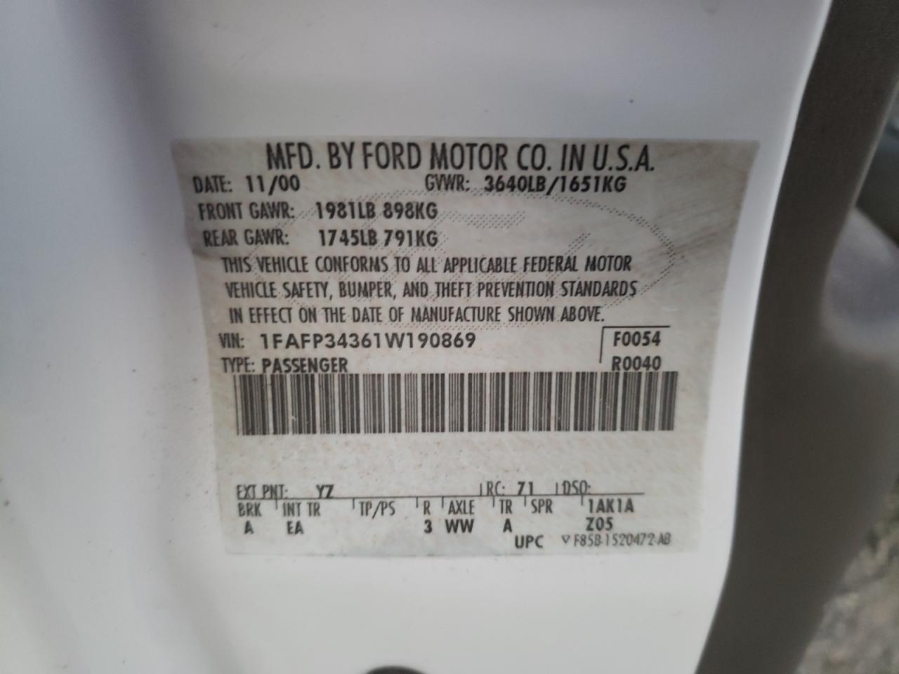 Photo 10 from auction – 2001 FORD FOCUS SE with VIN 1FAFP34361W190869