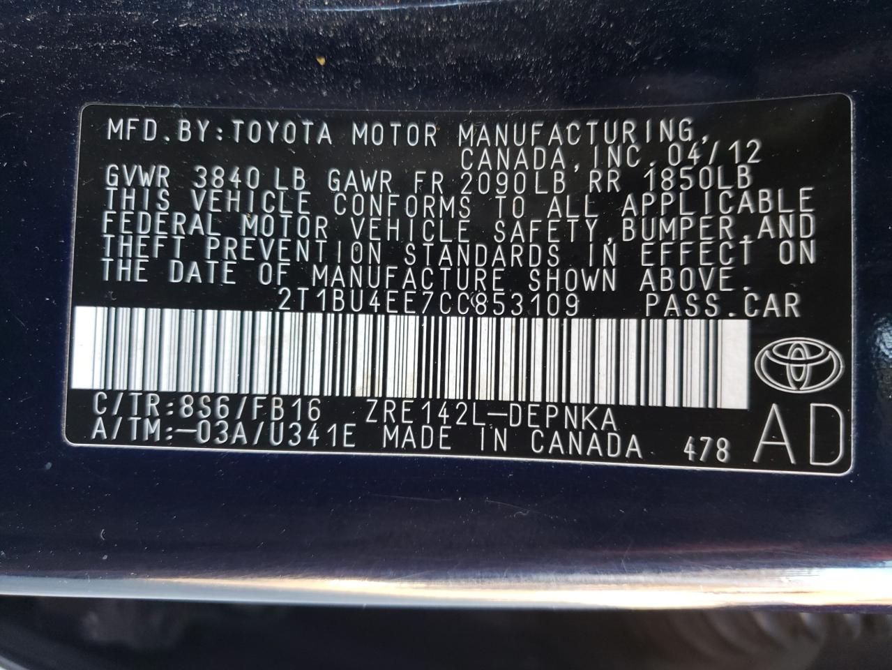 Photo 10 from auction – 2012 TOYOTA COROLLA BA with VIN 2T1BU4EE7CC853109