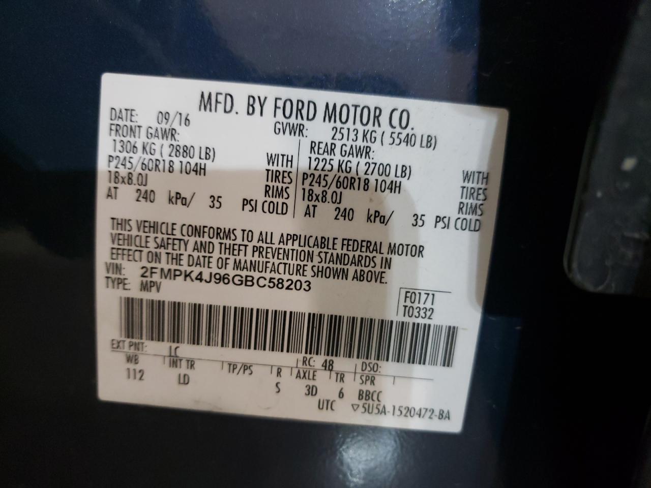 Photo 10 from auction – 2016 FORD EDGE SEL with VIN 2FMPK4J96GBC58203