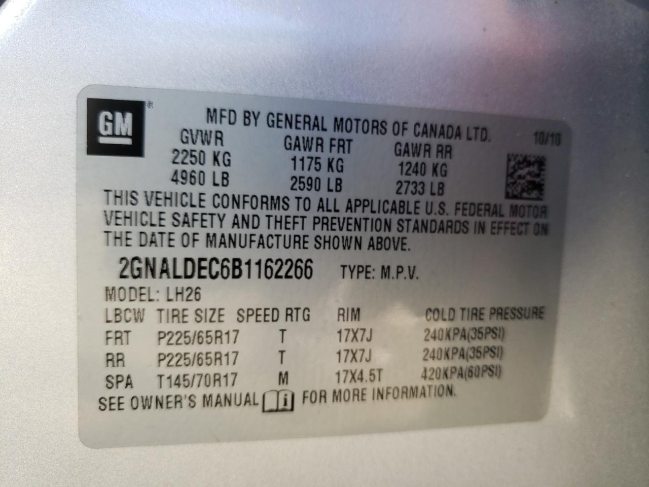 Photo 10 from auction – 2011 CHEVROLET EQUINOX LT with VIN 2GNALDEC6B1162266