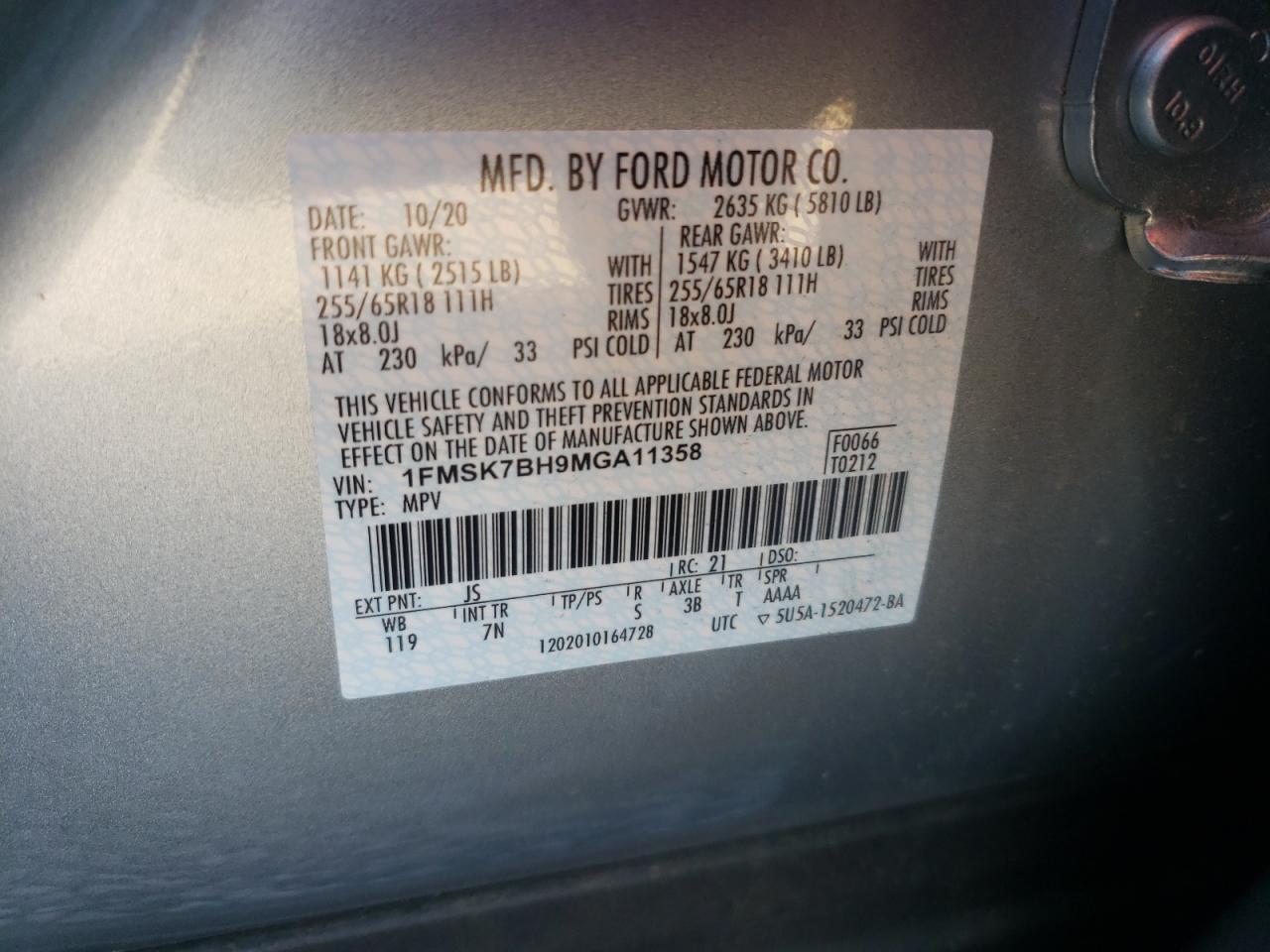 Photo 10 from auction – 2021 FORD EXPLORER with VIN 1FMSK7BH9MGA11358