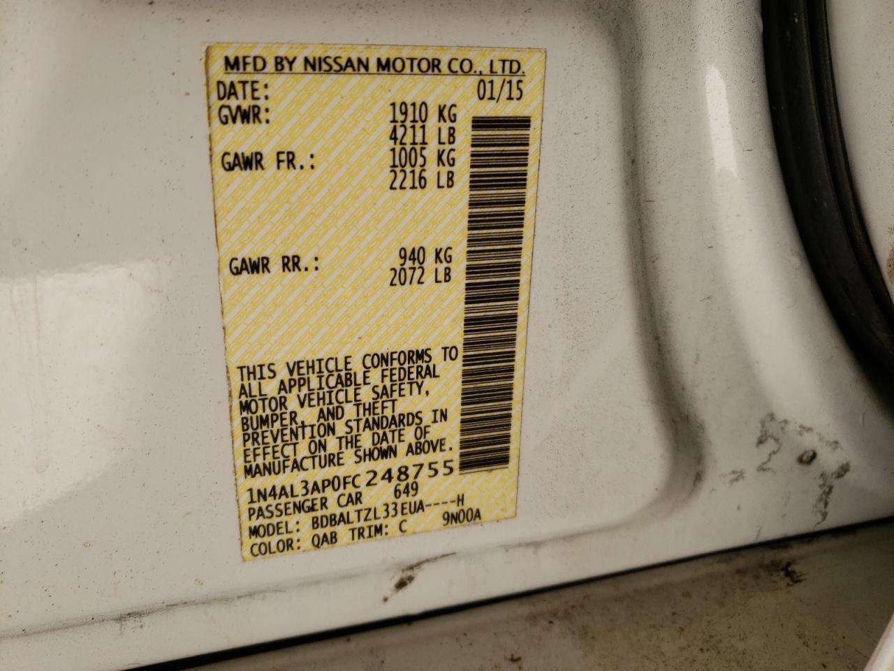 Photo 10 from auction – 2015 NISSAN ALTIMA 2.5 with VIN 1N4AL3AP0FC248755