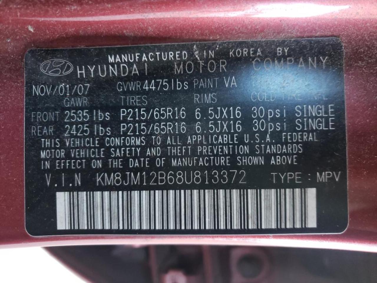 Photo 10 from auction – 2008 HYUNDAI TUCSON GLS with VIN KM8JM12B68U813372