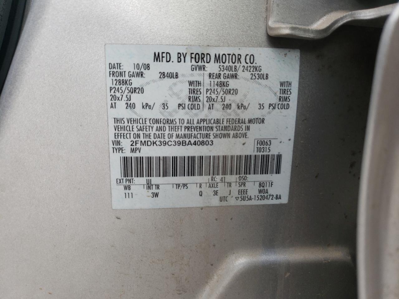 Photo 10 from auction – 2009 FORD EDGE LIMIT with VIN 2FMDK39C39BA40803