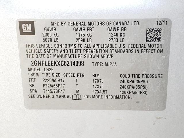 Photo 10 from auction – 2012 CHEVROLET EQUINOX LT with VIN 2GNFLEEKXC6214098