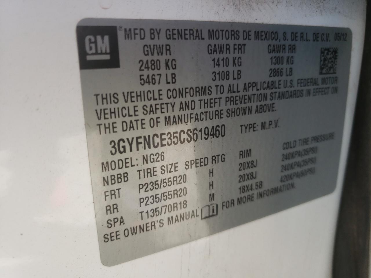 Photo 10 from auction – 2012 CADILLAC SRX PREMIU with VIN 3GYFNCE35CS619460