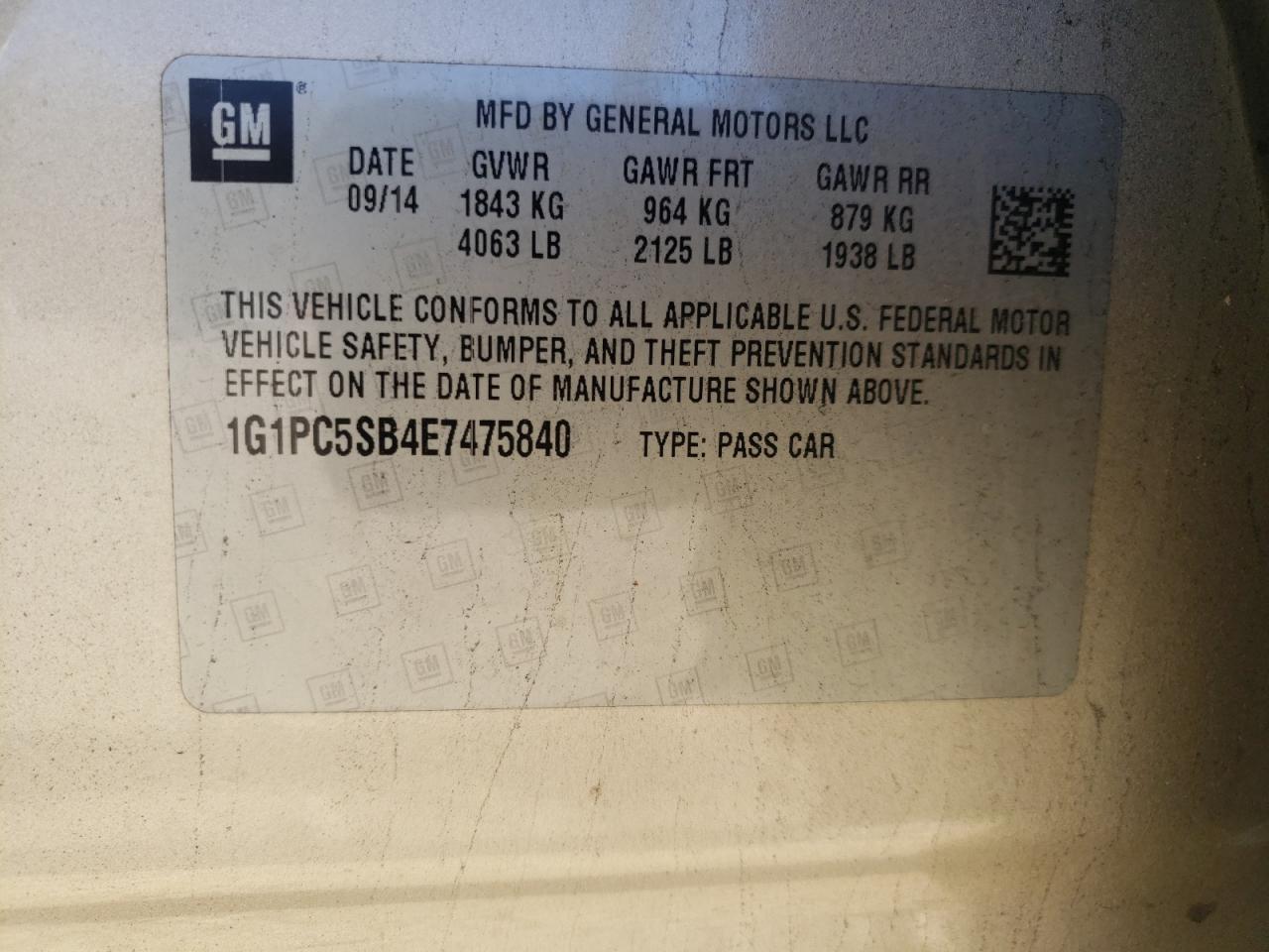 Photo 10 from auction – 2014 CHEVROLET CRUZE LT with VIN 1G1PC5SB4E7475840