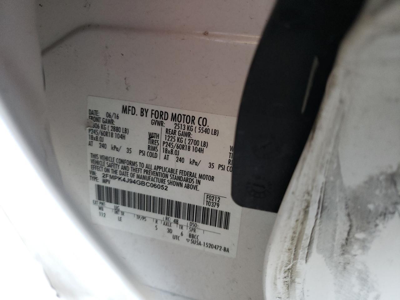 Photo 10 from auction – 2016 FORD EDGE SEL with VIN 2FMPK4J94GBC06052