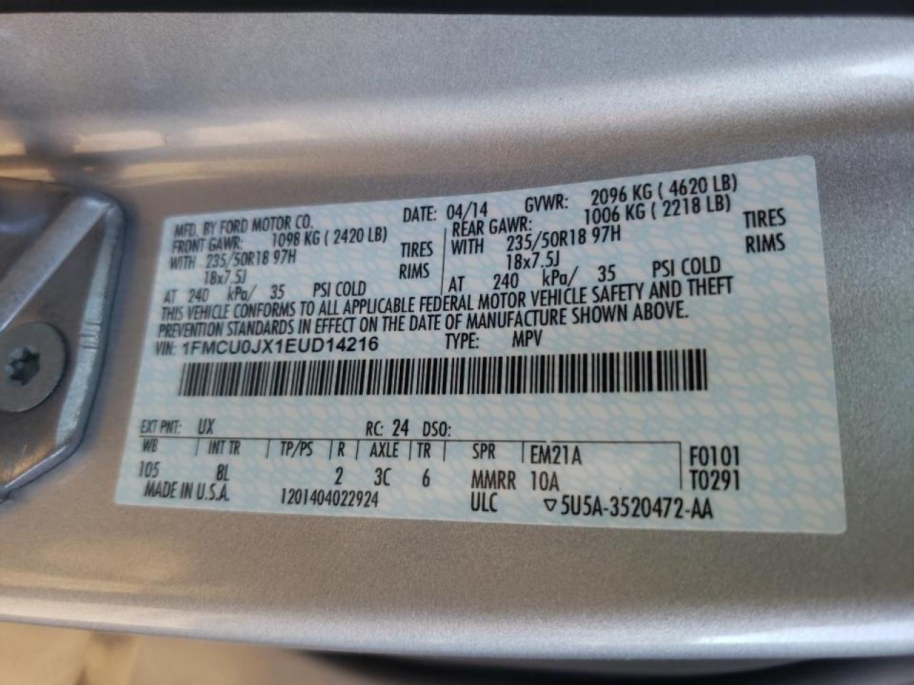 Photo 10 from auction – 2014 FORD ESCAPE TIT with VIN 1FMCU0JX1EUD14216