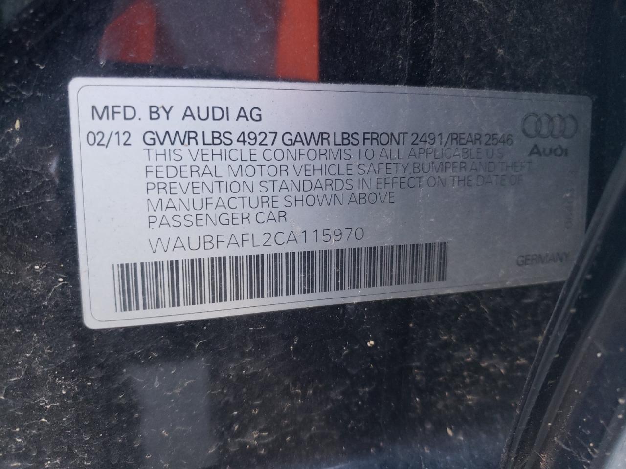 Photo 10 from auction – 2012 AUDI A4 PREMIUM with VIN WAUBFAFL2CA115970