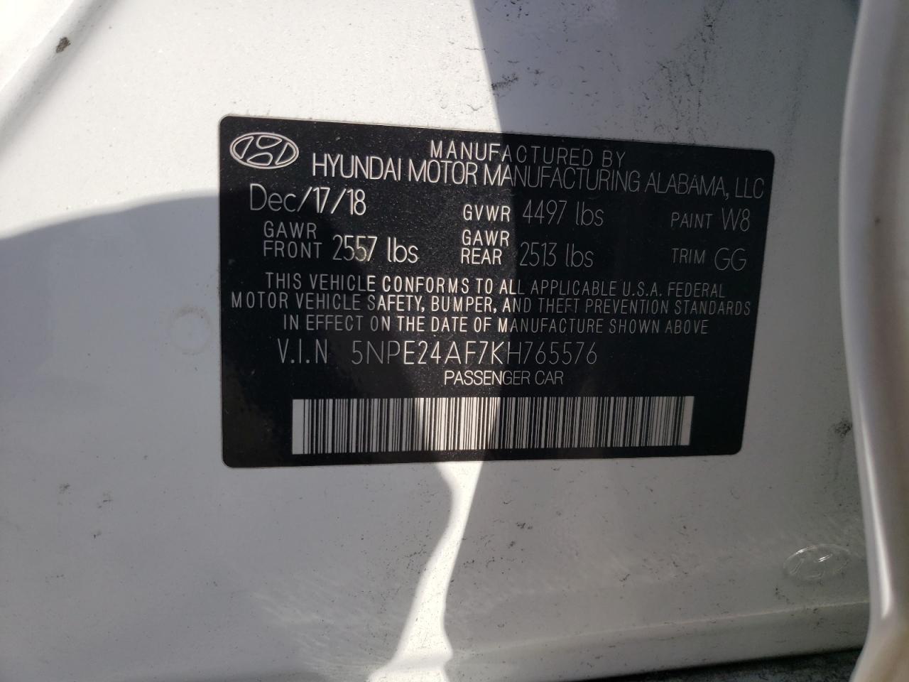 Photo 10 from auction – 2019 HYUNDAI SONATA SE with VIN 5NPE24AF7KH765576