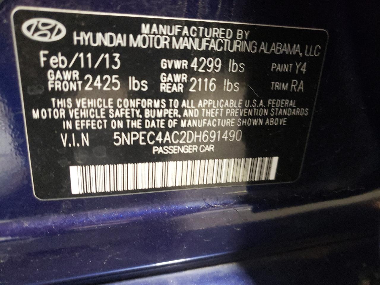 Photo 10 from auction – 2013 HYUNDAI SONATA SE with VIN 5NPEC4AC2DH691490