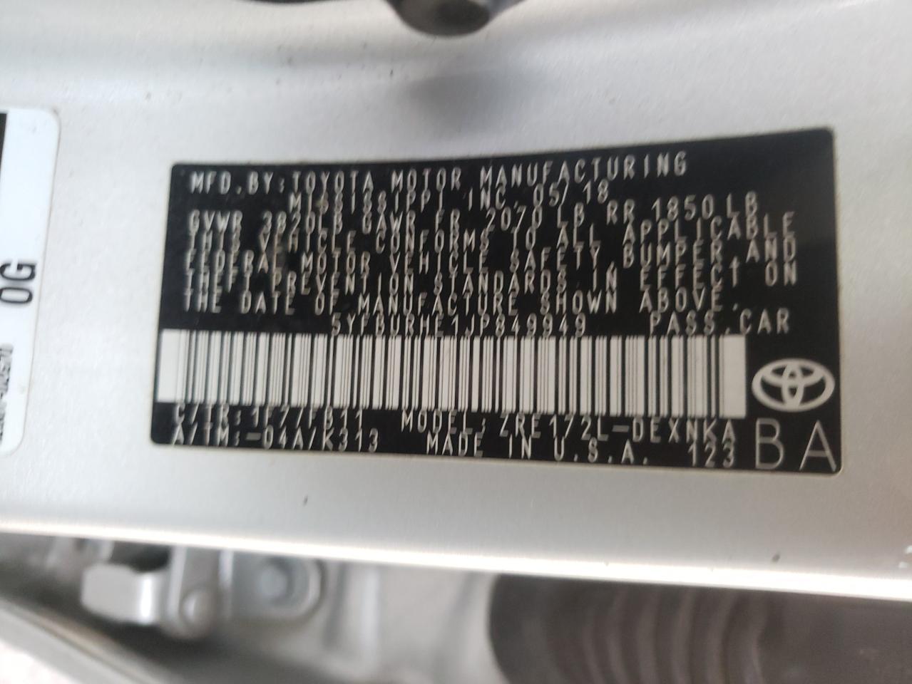 Photo 10 from auction – 2018 TOYOTA COROLLA L with VIN 5YFBURHE1JP849949