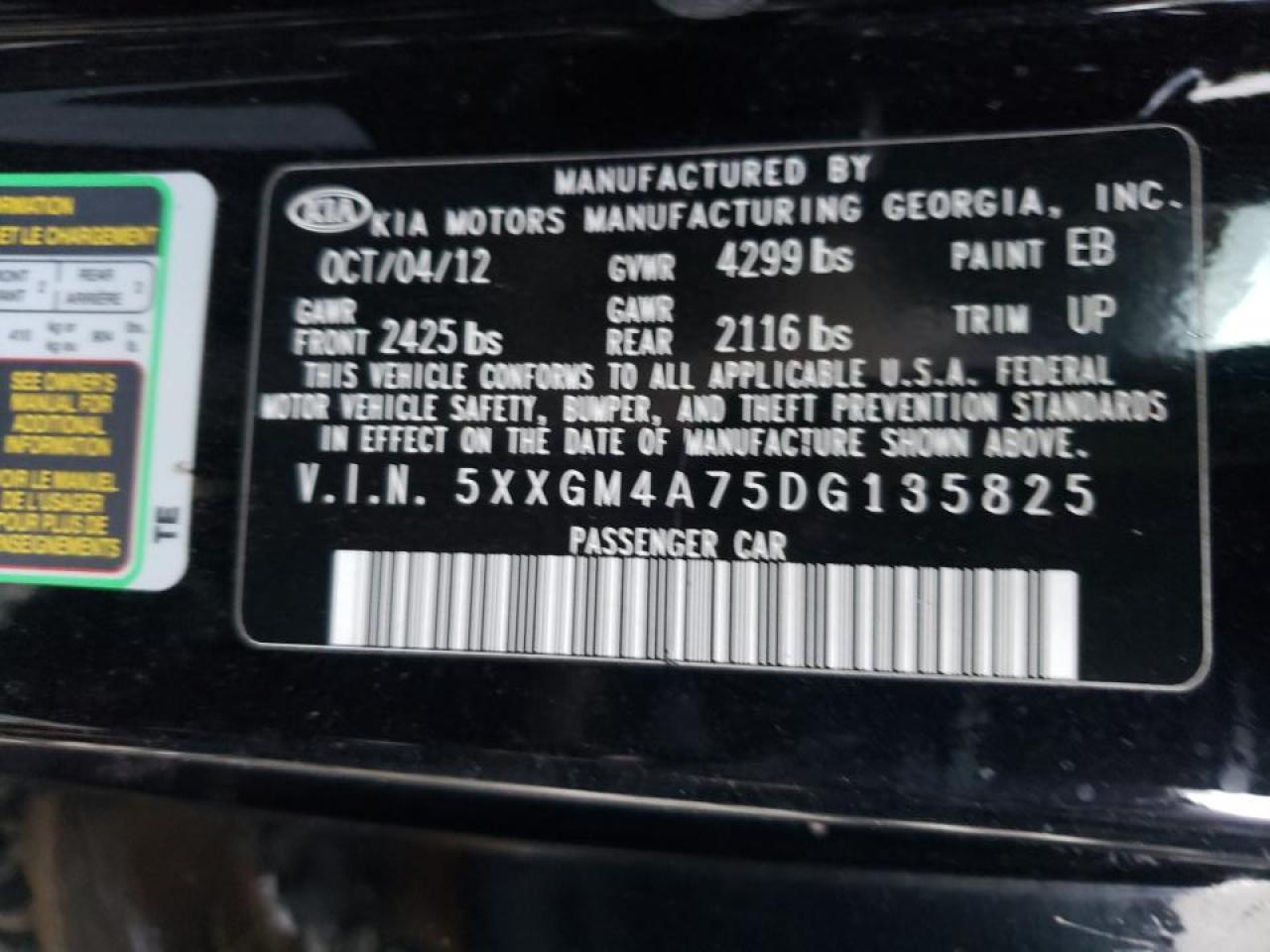 Photo 10 from auction – 2013 KIA OPTIMA LX with VIN 5XXGM4A75DG135825