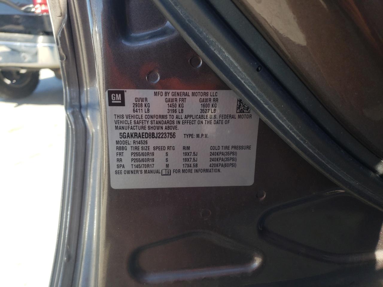 Photo 10 from auction – 2011 BUICK ENCLAVE CX with VIN 5GAKRAED8BJ223756