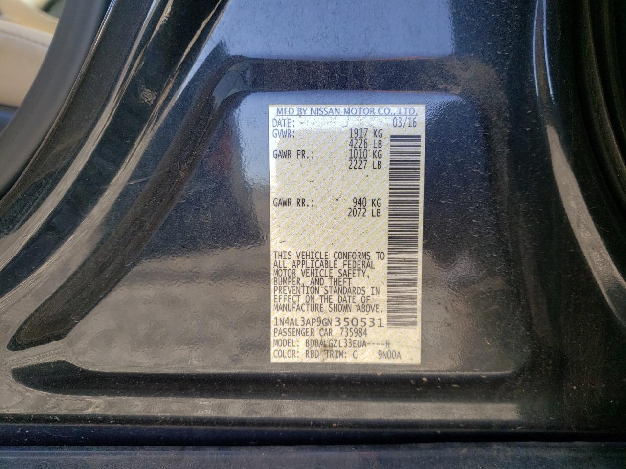 Photo 10 from auction – 2016 NISSAN ALTIMA 2.5 with VIN 1N4AL3AP9GN350531