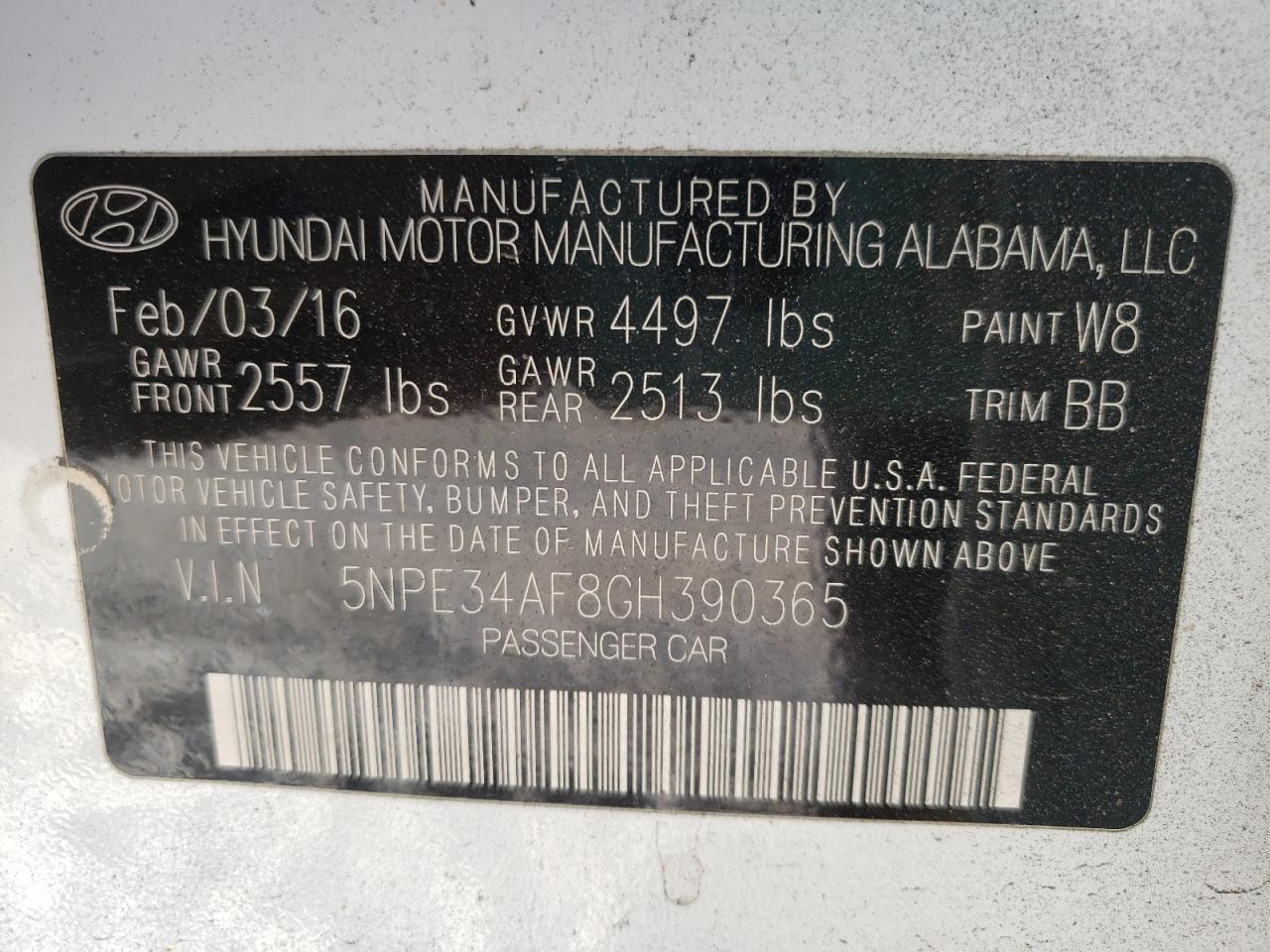 Photo 10 from auction – 2016 HYUNDAI SONATA SPO with VIN 5NPE34AF8GH390365
