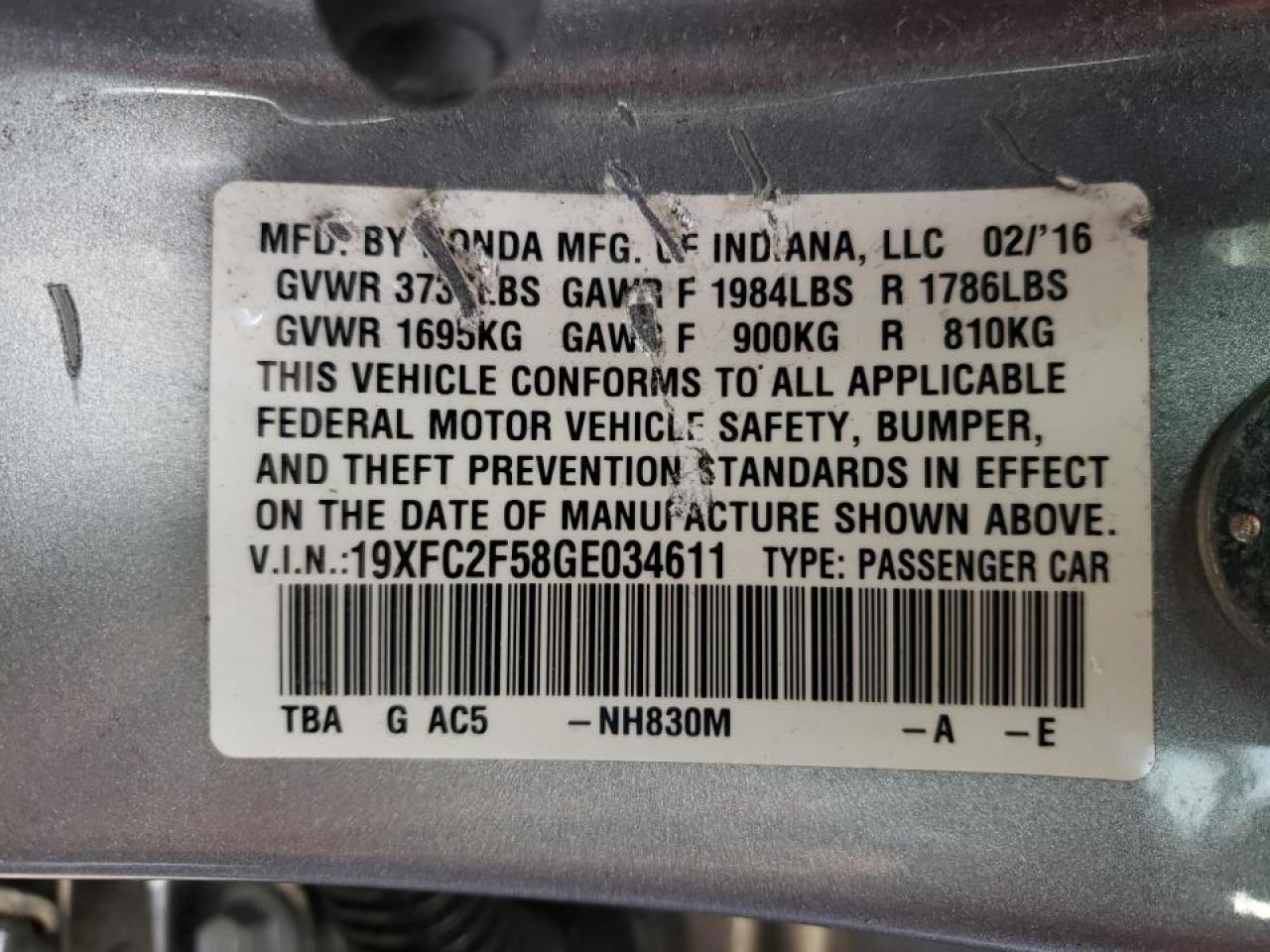 Photo 10 from auction – 2016 HONDA CIVIC LX with VIN 19XFC2F58GE034611