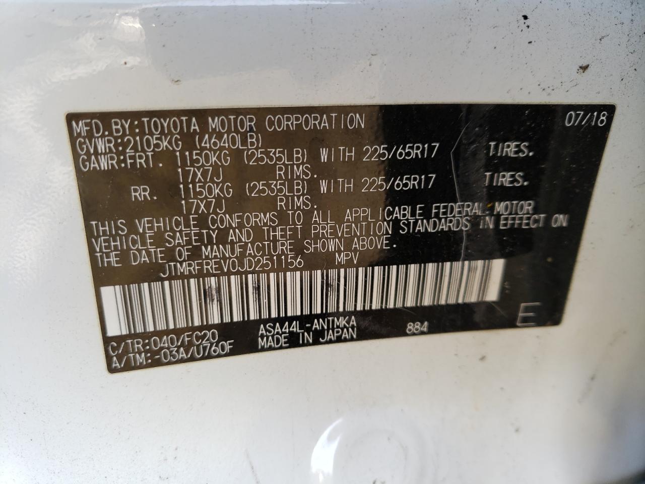 Photo 10 from auction – 2018 TOYOTA RAV4 ADVEN with VIN JTMRFREV0JD251156