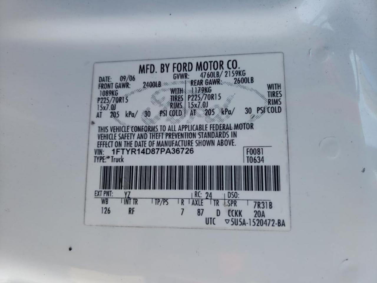 Photo 10 from auction – 2007 FORD RANGER SUP with VIN 1FTYR14D87PA36726