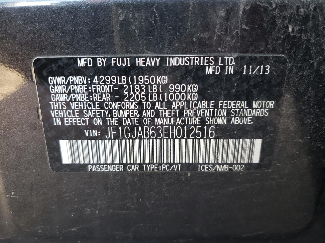 Photo 10 from auction – 2014 SUBARU IMPREZA PR with VIN JF1GJAB63EH012516