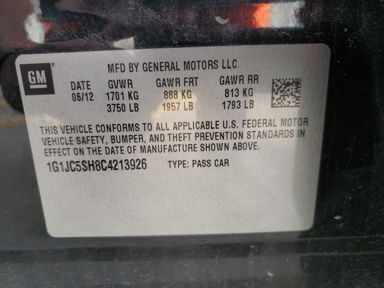 Photo 10 from auction – 2012 CHEVROLET SONIC LT with VIN 1G1JC5SH8C4213926