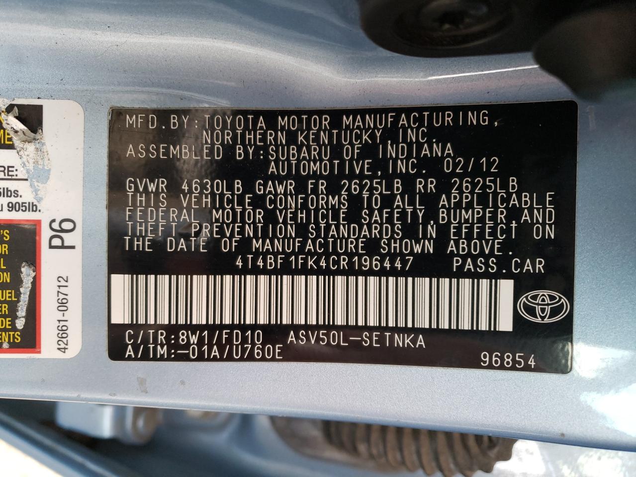 Photo 10 from auction – 2012 TOYOTA CAMRY BASE with VIN 4T4BF1FK4CR196447