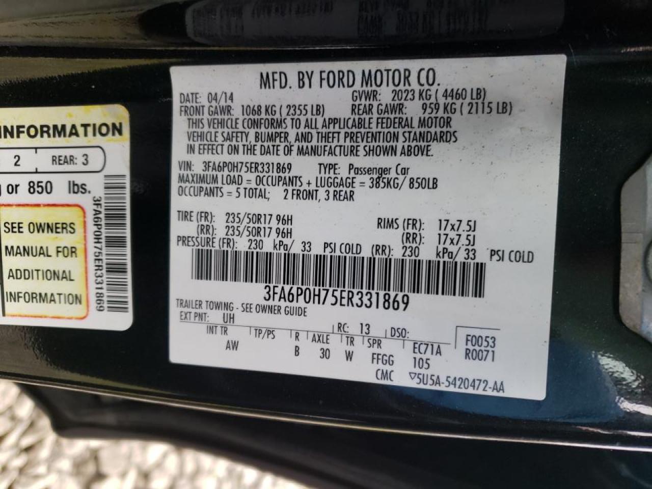 Photo 10 from auction – 2014 FORD FUSION SE with VIN 3FA6P0H75ER331869