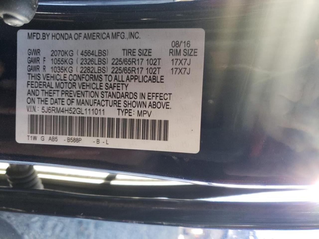 Photo 10 from auction – 2016 HONDA CR-V EX with VIN 5J6RM4H52GL111011